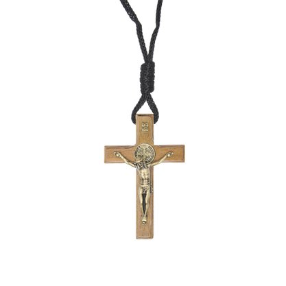 Colar - Crucifixo Madeira com Medalha de São Bento - 7 cm -
