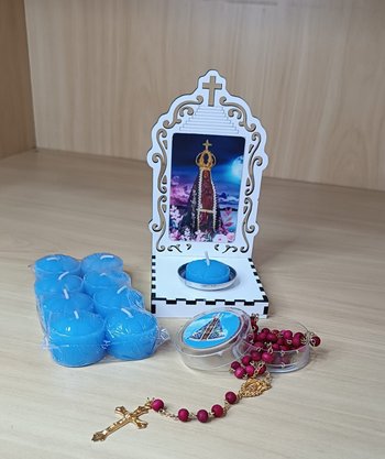 Kit Novena de Nossa Senhora Aparecida- 9 Velas Lamparinas Azul Celeste e 1 terço