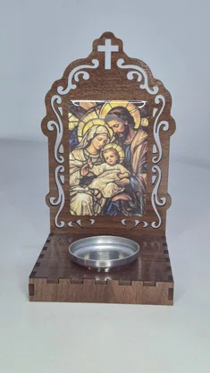 Oratório Sagrada Família Resinado em MDF com Porta Vela