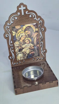 Oratório Sagrada Família Resinado em MDF com Porta Vela