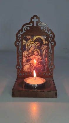 Oratório Sagrada Família Resinado em MDF com Porta Vela