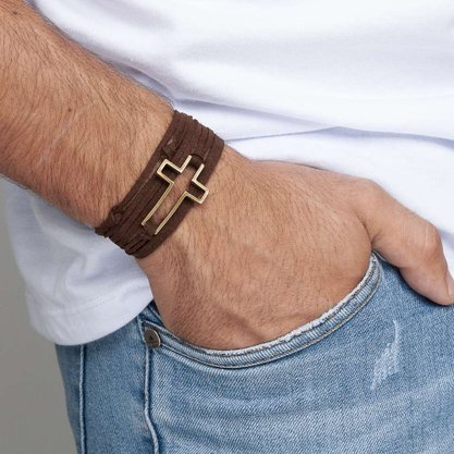 Pulseira em Couro - Jovem Cristão Cruz - Vazada -