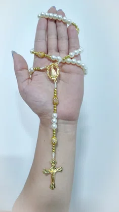 Terço Nossa Senhora Aparecida Branco com Dourado -