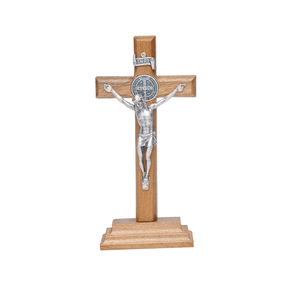 Crucifixo para Mesa - São Bento - 12 cm - Prata Velha -