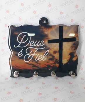 Porta Chaves 4 Pinos Resinado - Deus é Fiel - Cruz -