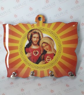 Porta Chaves 4 Pinos Resinado - Sagrado Coração de Jesus e Imaculado Coração de Maria -