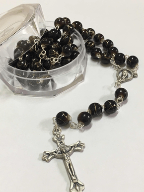 Terço Mesclado na Corrente Prateada - Marrom -