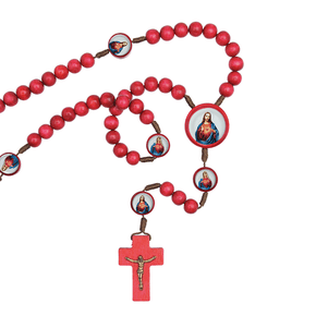 Terço - Sagrado Coração de Jesus e Imaculado Coração de Maria no cordão com triângulo e entremeios - resinados